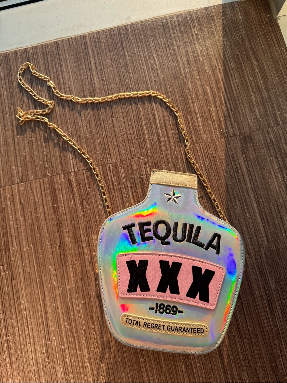 Holographic Tequila XXX Crossbody Bag with Gold Chain